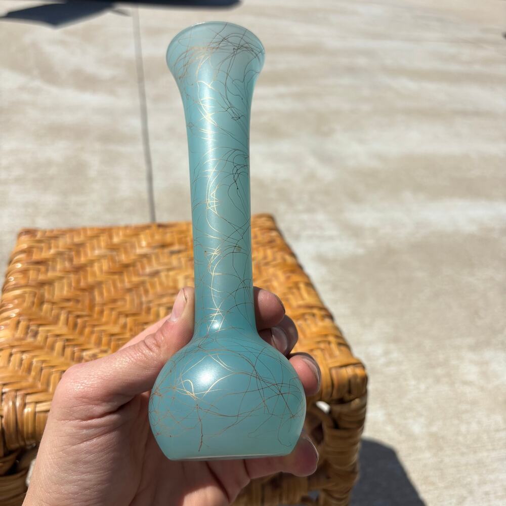 W. Virginia Glass Turquoise Blue with Splattered Gold Bud Vase 10” tall MCM